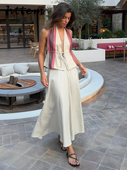 JazzHer Casual Printed Lace Up Vest Skirts Set Women Backless V-neck Sleeveless Vests Solid Long Skirt 2024 Summer Lady Holiday Outfits