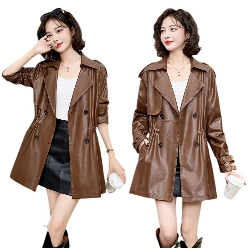 cold weather outfits JazzHer Fashionable Medium-Length Leather Jacket For Women Petite Waist-Fitted Slimming British Style Spring Autumn Overcoat