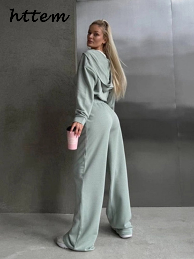 JazzHer Casual Hoodies Pants Sets Women Hooded Long Sleeve Zippers Short Coat Wide Leg Drawstring Pant 2024 Autumn Lady Solid Tracksuit