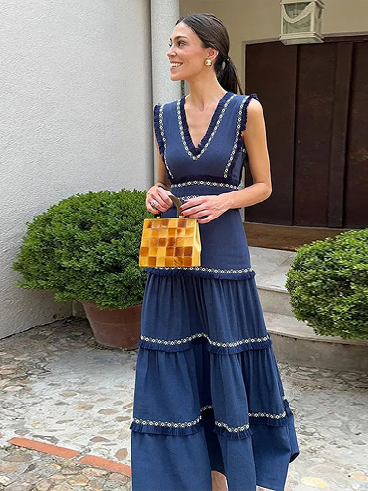 JazzHer Elegant Tassels Ruffles Maxi Dress Women Vintage V-neck Sleeveless Patchwork Female Party Dresses 2024 Summer Lady Holiday Robes