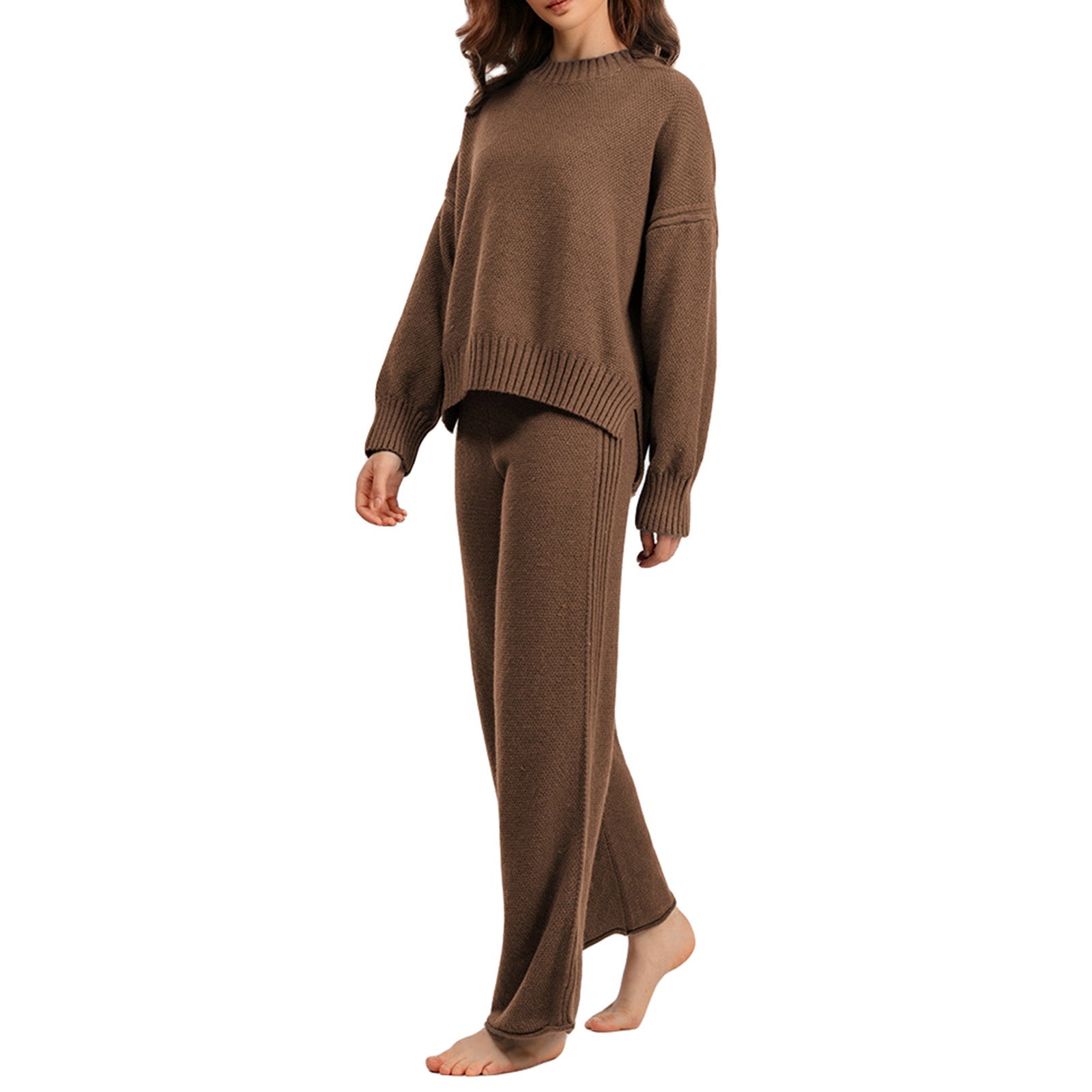 thanksgiving outfit JazzHer Women Casual Sweater Set Winter Solid Color Round Neck Sweater and Wide Leg Pants Outfits Winter 2 Piece Outfits for Yoga