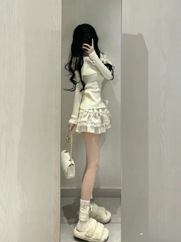 JazzHer 2025 Autumn Winter Elegant 2 Piece Skirt Set Women Casual Sexy Bow Slash Nece Knitted sweater + Y2k Sweet Skirt Office Lady Suit