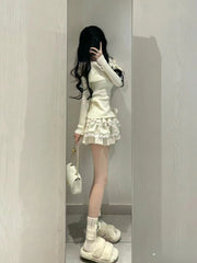 JazzHer 2025 Autumn Winter Elegant 2 Piece Skirt Set Women Casual Sexy Bow Slash Nece Knitted sweater + Y2k Sweet Skirt Office Lady Suit