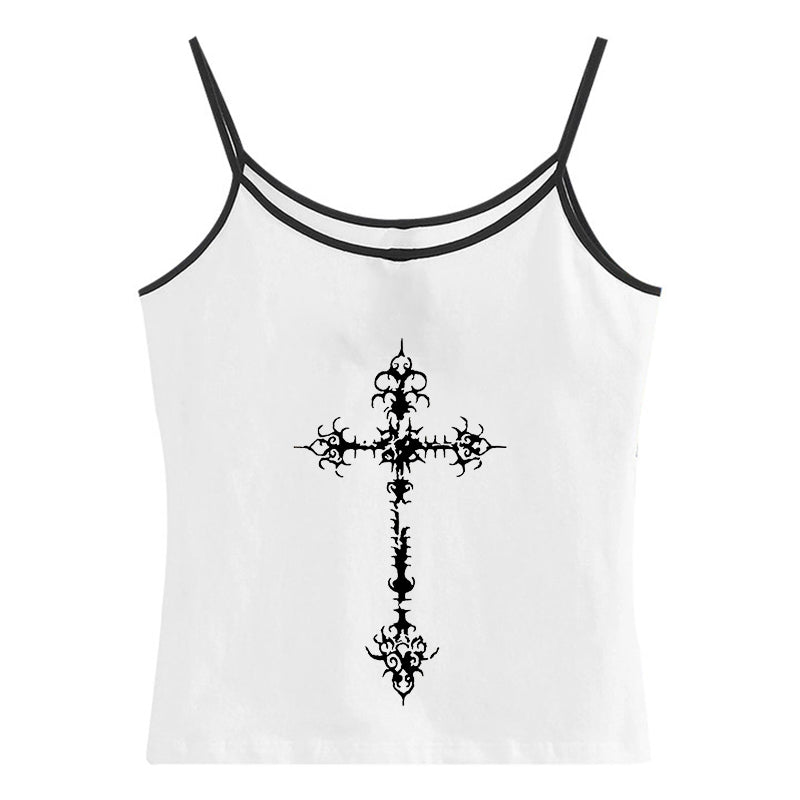 JazzHer Y2K Gothic Grunge Punk Aesthetic Print Lace Camisole Top Fashion Sexy Sleeveless Slim Chic Crop Top 90s Vintage Rock Women's Tee