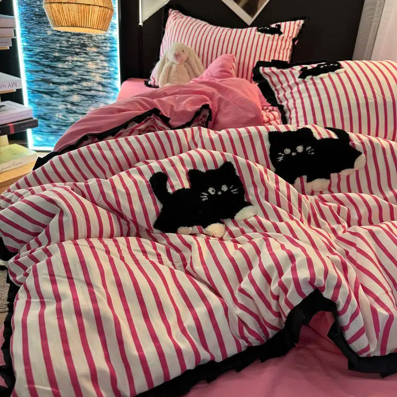 JazzHer Korean Style Bedding Set Green Strip Black Cat Embroidery Washed Cotton  Duvet Cover Cute Cardboard  Bed linen Comforter Sets