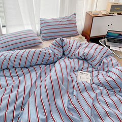 JazzHer Simple Red and Blue Striped Duvet Cover and Four Piece Bed Sheet Set with Washed Cotton Bedding on the Bed