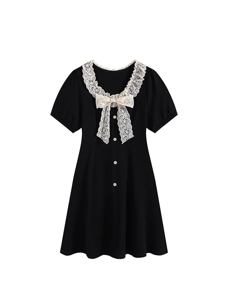 christmas outfit JazzHer Women Lace Patchwork Short Sleeve Black Gothic A-line Mini Dress Korean Harajuku Vintage Dress Y2k One Piece Frocks 2025 Summer