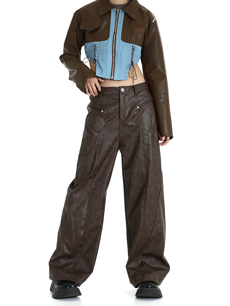 christmas outfit JazzHer Women's Vintage Brown Leather Pants 90s Y2k Retro Pippie High Waist Pants Baggy Harajuku Wide Leg Jogger Trousers 2000s Clothes