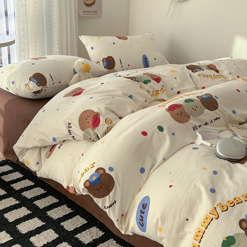 JazzHer Ins Korean Cartoon Little Bear Cute Bedding Set Autumn Winter Polyester Bed Sheet Pillowcase Twin Full Queen Size Quilt Cover