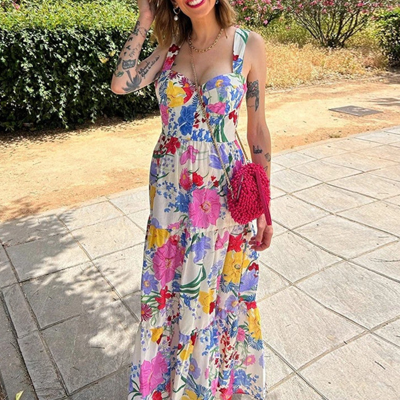 JazzHer Ladies Elegant Sweet Printed Ruffles Strap Summer Dress Women Sleeveless Backless Patchwork Holiday Beach Robe Maxi Dress Female