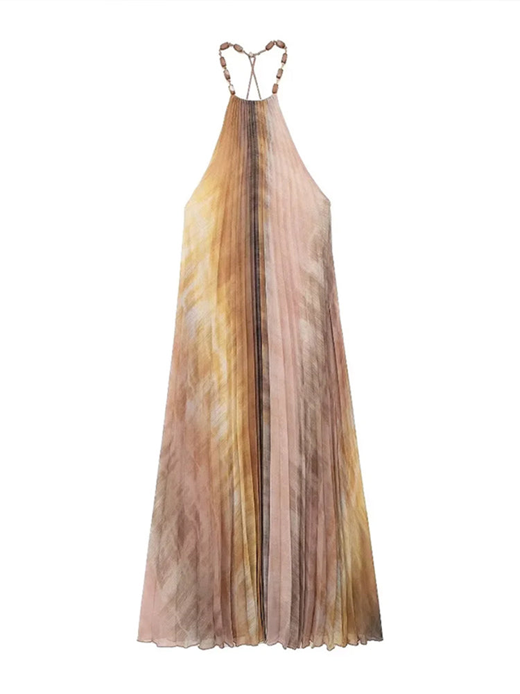 JazzHer Sexy Tie Dyed Print Pleated Long Dress Women Loose Halter Backless Sleeveless Holiday Dresses 2024 Summer Lady Beach Party Robes