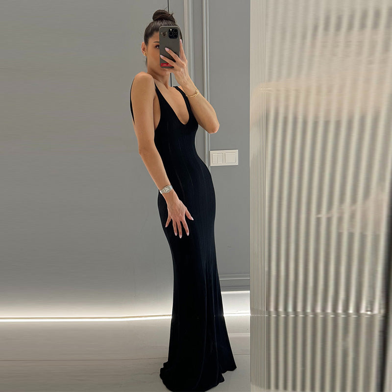 JazzHer Elegant Knit Ribbed Spaghetti Strap Long Dress Women Sexy V-neck Sleeveless Backless Dresses 2024 Summer Lady Holiday Beach Robe