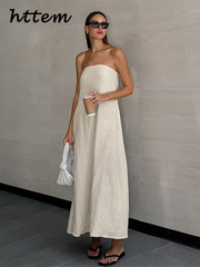 JazzHer Elegant Pleated Strapless Long Dress Women Loose Off Shoulder Sleeveless Backless Party Dresses 2024 Summer Lady Holiday Robes