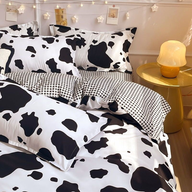 JazzHer Ins Style Duvet Cover Set with Flat Sheet Pillowcases Cute Orange Cherry Crow Printed Single Double Queen Size Girls Bedding Kit