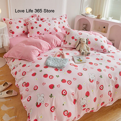 JazzHer Garden Flowers And Cute Rabbit Pattern Duvet Cover Nordic Style Full Size Bedding Sets Queen Double For Girls Gift Pink