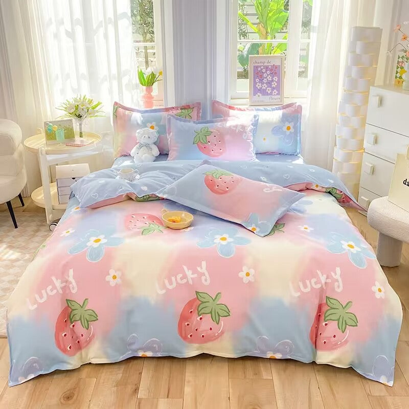 JazzHer Korean Pink Rose Duvet Cover Set Soft Green Flat Sheet Quilt Cover Pillowcase Bed Linen Twin Queen Full Size Floral Bedding Set