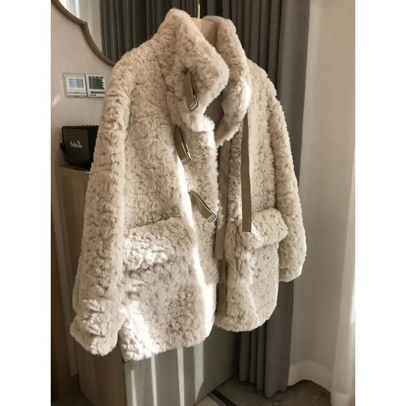 cold weather outfits JazzHer 2024 Winter New Women's Lamb Wool Jacket Motorcycle Style Stand Collars Sunday Angora Yarns Cropped Leather Integrated Overcoat