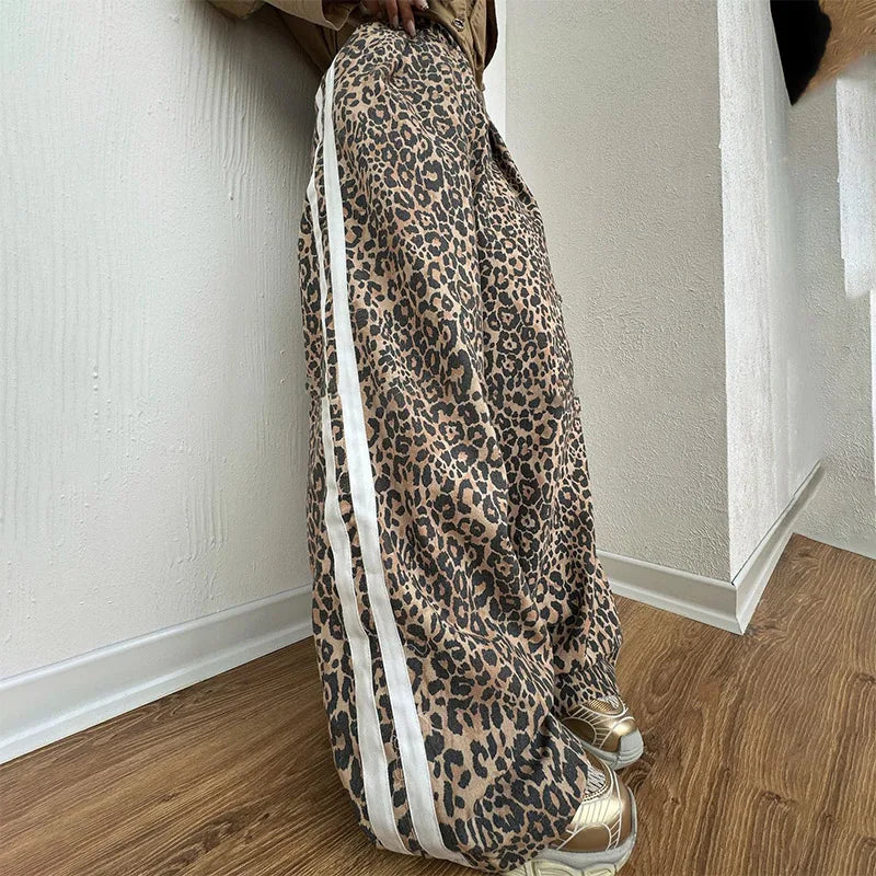 thanksgiving outfit JazzHer Casual Leopard Wide Leg Pant Women Patchwork High Waist Long Trouser Female 2024 Autumn Fashion Y2K All Match Striped Pants Lady