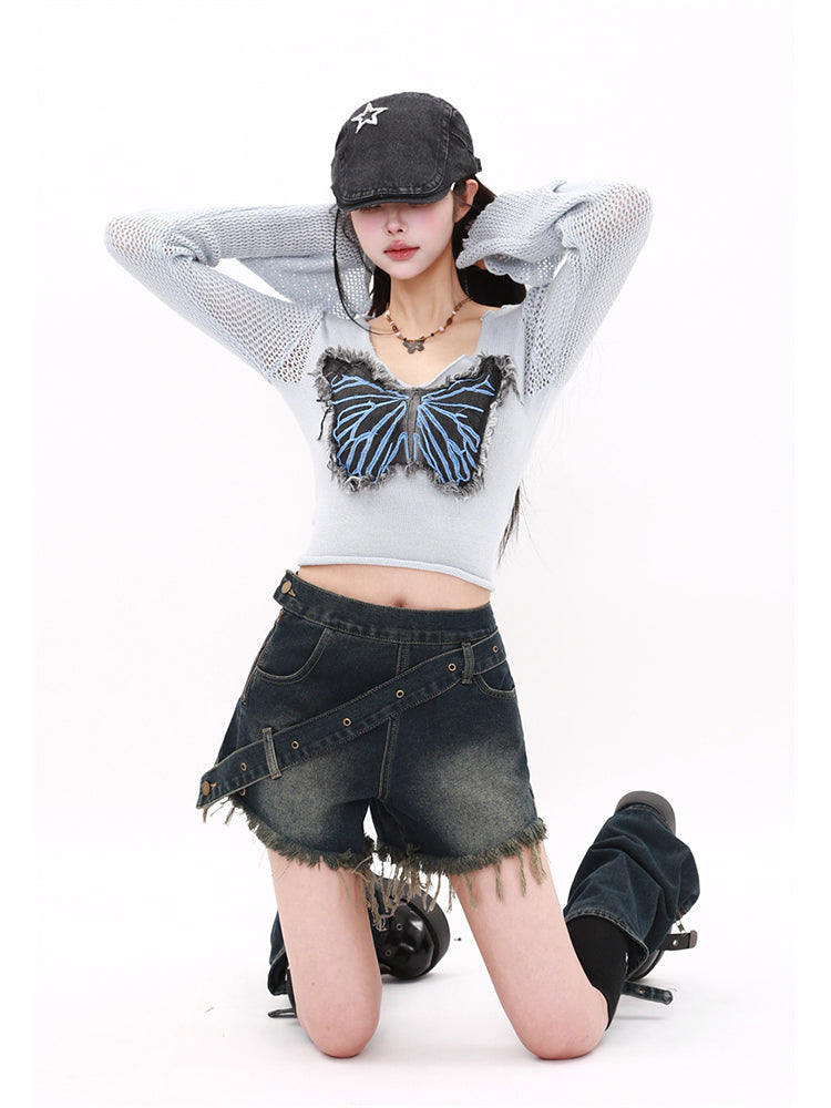 christmas outfit JazzHer Women Blue Y2k Denim Shorts Vintage Harajuku Hight Waist Jean Shorts with Leg Cover 90s Aesthetic Mini Short Pants 2000s Clothes