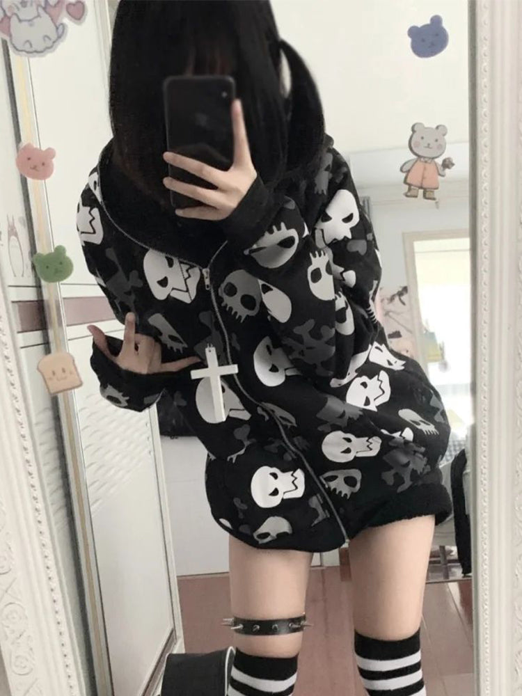 JazzHer Cyberpunk Y2k Sweatshirt Women Mall Goth Harajuku Skull Printed Long Sleeve Zipper Cardigan Hoodie Emo Alt Indie Clothes