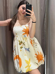 JazzHer Ladies Short Summer Dress Women Printing Loose Side Zip Sleeveless Backless Sling Chic French Evening Mini Dress Female Vestidos