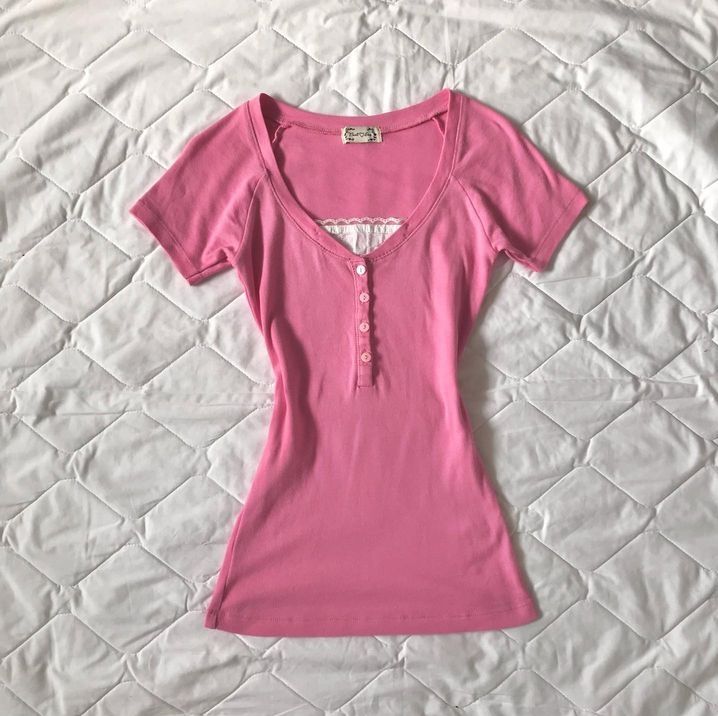 JazzHer Pink Kawaii Summer T shirt Women Clothing Sweet Cute Slim Aesthetic Lace 2000s Graphic Tees Shirts Korea Harajuku Girl Crop Tops