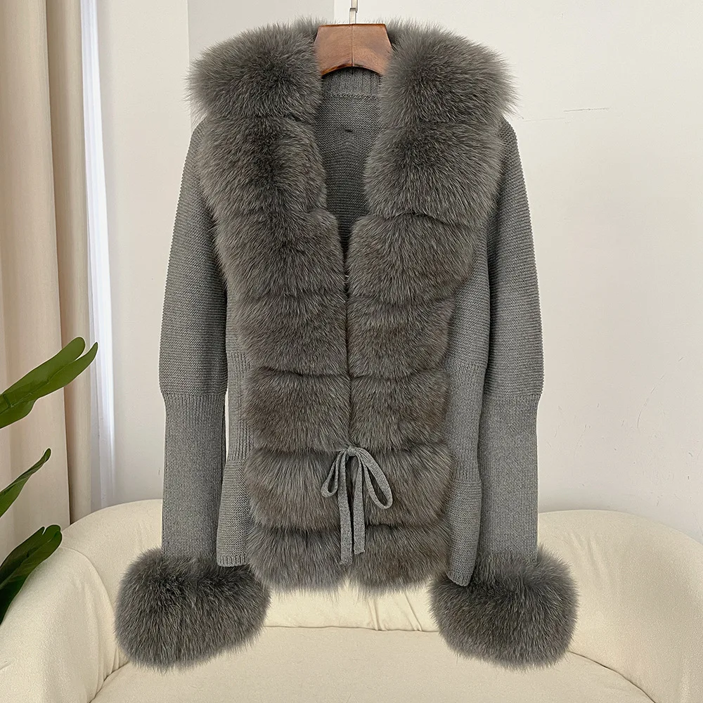 cold weather outfits JazzHer Autumn/winter New Arrival Detachable Real Fox Fur Placket Sleeve Opening Knitted Top Leather Jacket V-neck Pullover