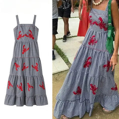 JazzHer Embroidery Plaid Long Dresses Women Sleeveless Slip Midi Dress Woman Pleated Backless Beach Dress Vintage Summer Dress