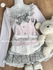 JazzHer Japanese Sweet Preppy Style 2 Piece Set Women Kawaii Lace Patchwork Bow Tops + Y2k Plaid Mini Skirt Elegant Fashion Outifits New