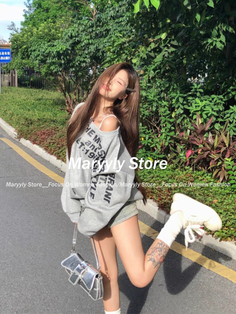 JazzHer Autumn American Vinrage Grey Street Sweatshirt Women Y2k Letter Printing Long Sleeve Casual Warm Oversize Baggy Ladeies Tops New