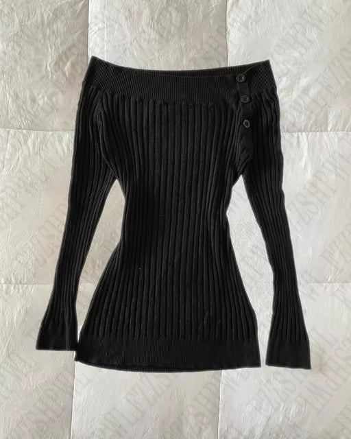 JazzHer Casual solid color knitted sweater button decoration retro Y2K long sleeve top one shoulder rock high street punk womens sweater