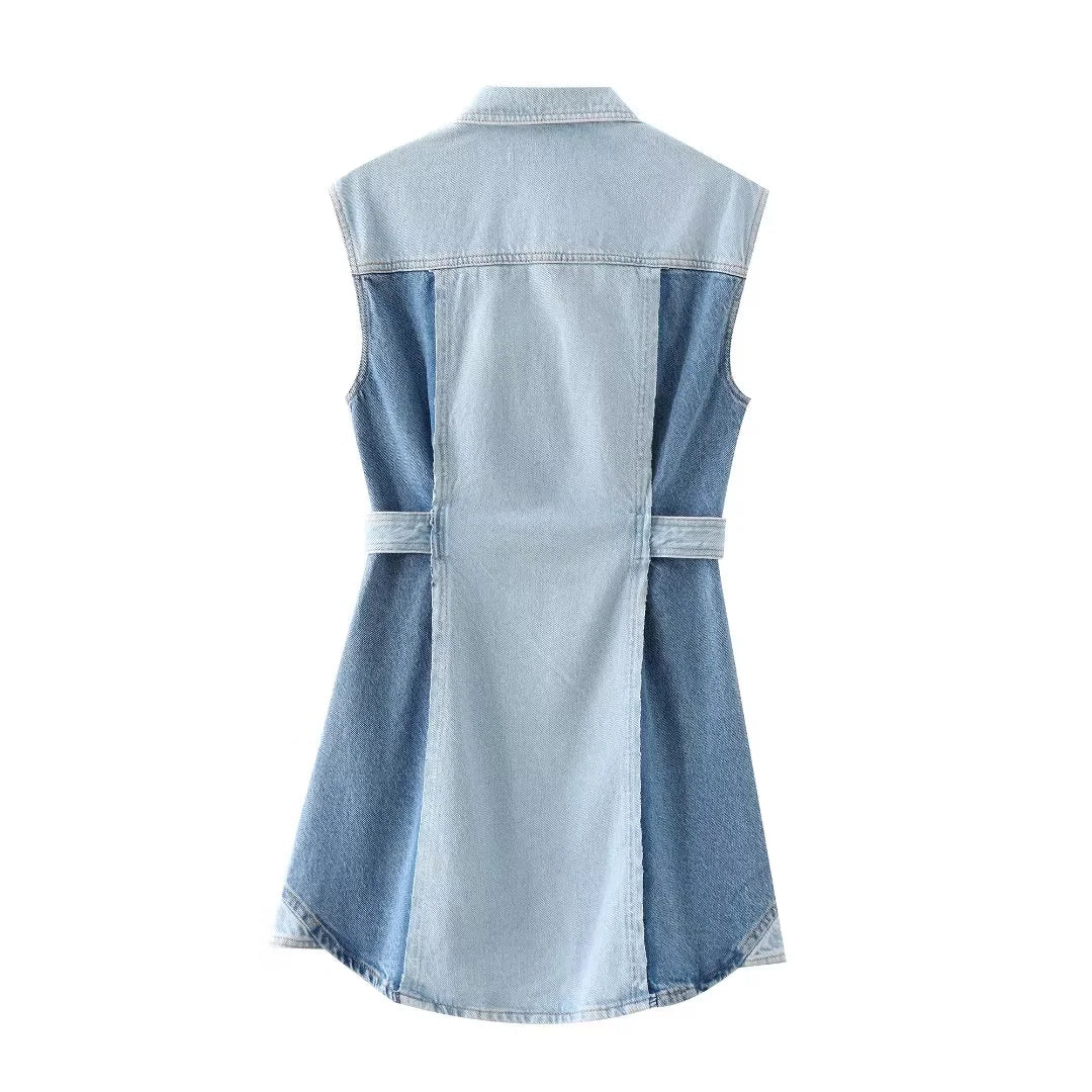 cold weather outfits JazzHer 2024 Spring Summer Casual Denim Women Dresses Fashion Vintage Patchwork Turn-down Collar Sashes Sleeveless Mini Dresses