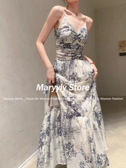 JazzHer Summer Vintage Floral Beach Long Dresses Women Elegant Spaghetti Strap Party Prom Robe Female A-line Chiffon V-neck Clothes chic