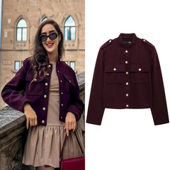 JazzHer Autumn Winter Women's Fashion Burgundy Street Jacket Retro O-neck Long-sleeved Pocket Single-breasted Casual Jacket For Women