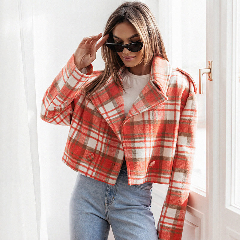 JazzHer Vintage Plaid Short Coats Women Loose Lapel Single Breasted Long Sleeve Female Jackets 2024 Autumn Lady Fashion Commute Outwear