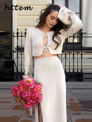 JazzHer Elegant Knitted Shirt Skirt Sets Women Lace Up Flare Sleeve Tops High Waist Split Skirts 2024 Autumn Lady Casual 2 Pieces Set