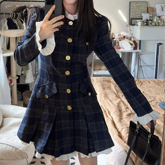 JazzHer French Plaid Dresses Women Autumn Winter New Ruffles O Neck Single Breasted Pleated Dress Korean Slim Elegant Vintage Vestidos