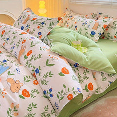 JazzHer Cute Rabbit Carrot Bedding Set Soft Green Flat Sheet Quilt Cover Pillowcase Bed Linen Twin Queen Full Size Floral Duvet Cover