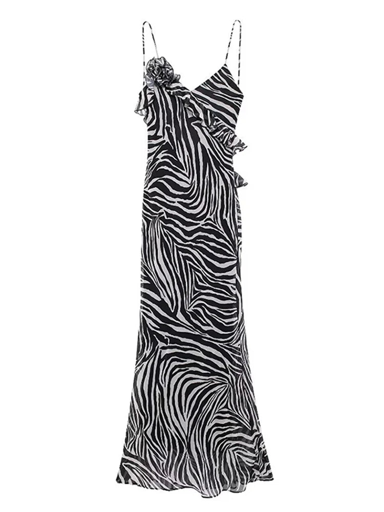 JazzHer Sexy Zebra Print Sling Long Dress Women V-neck Sleeveless Backless 3D Flower Beach Dresses 2024 Summer Lady Holiday Chiffon Robe