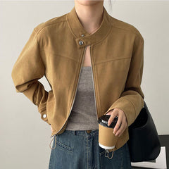 JazzHer American Vintage Jacket Women Y2K Autumn Stand Collar Long Sleeve Zipper Short Coat Harajuku Streetwear All Match Motorcycle Top