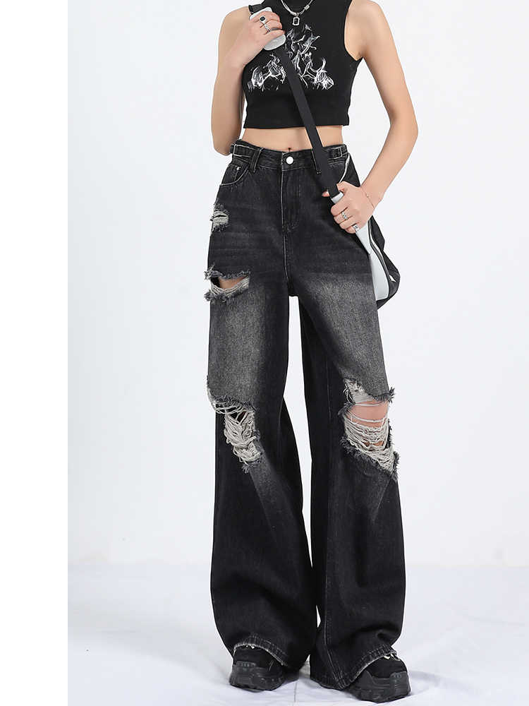 christmas outfit JazzHer Women's Y2k Baggy Ripped Jeans Japanese 2000s Style Black Gothic Denim Trousers Harajuku Vintage Jean Pants Emo Trashy Clothes