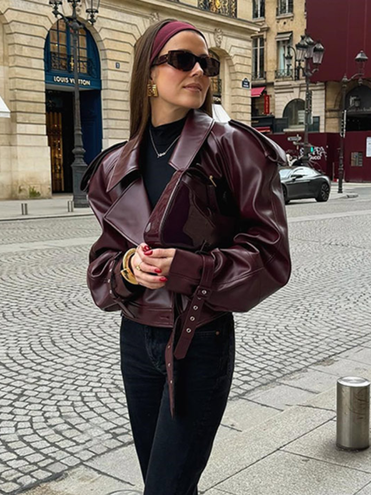 JazzHer 2024 Chic Wine Red Women's Lapel Leather Jacket Fashion Belted Long Sleeves Cropped Biker Coat Autumn Female New High Streetwear