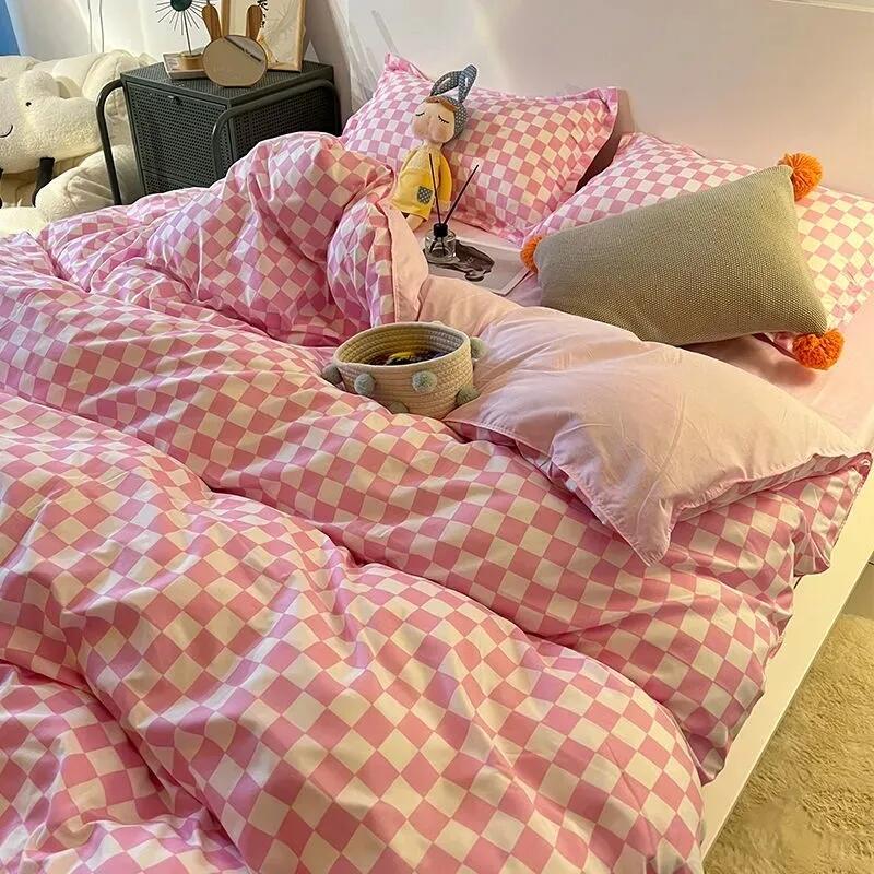 JazzHer Korean Style Ice Cream Lattice Bedding Set Flat Bed Sheet Pillowcase Twin Full Queen Size Bed Linen Women Girls Duvet Cover Sets