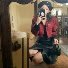 cold weather outfits JazzHer High-End Cropped Jacket Women's Niche Design Red Tweed Style Wine Autumn Suit Warm Feeling Leather Skirt Sexy Female Outfit