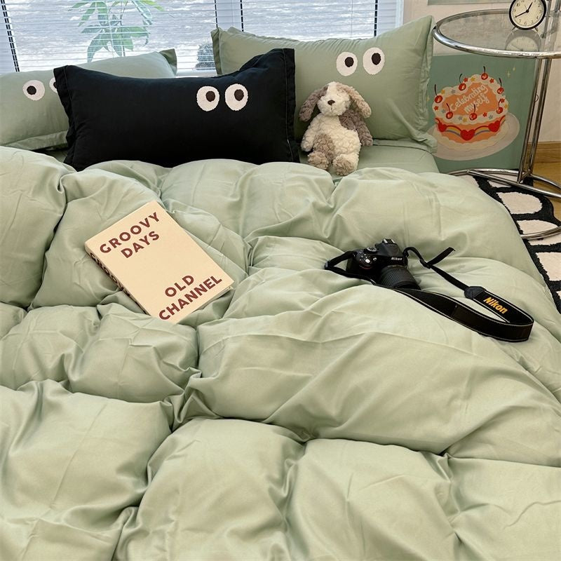 JazzHer Ins Grey Cartoon Big Eye Solid Color Bedding Set Girls Boys Double Size Flat Sheet Duvet Cover Pillowcase Bed Linen Home Textile