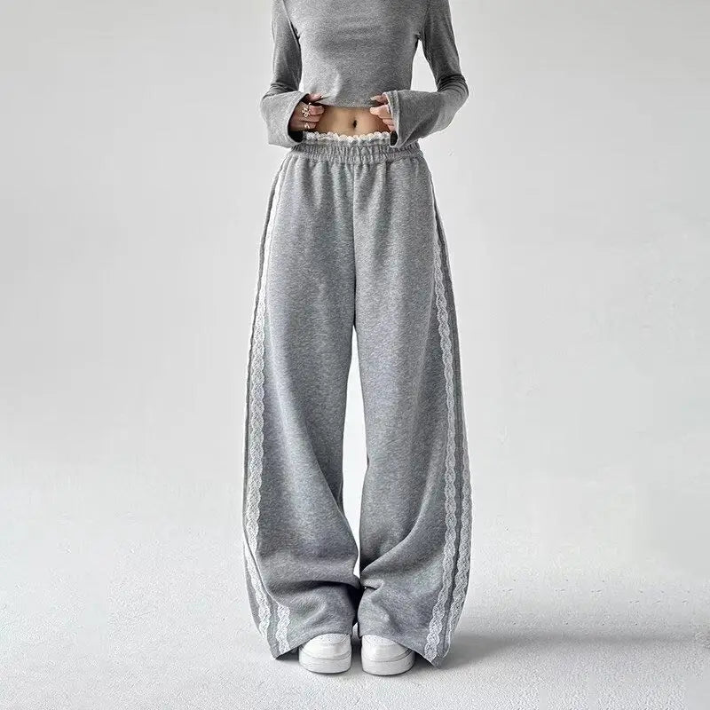 JazzHer Lace Patchwork Sweatpants Women Y2K Streetwear High Waist Wide Leg Pants Korean Fashion Casual Elastic Waist Straight Trousers