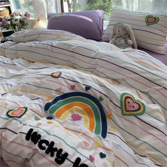 JazzHer Korean Ins Dopamine Rainbow Embroidered Washed Cotton Bedding set Duvet Cover Home Luxury No Filling Bedding Set Bed Sheets