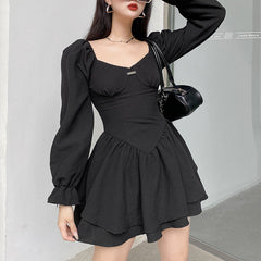 JazzHer Temperament Square Neck Puff Long Sleeve Double Short Skirt Dress