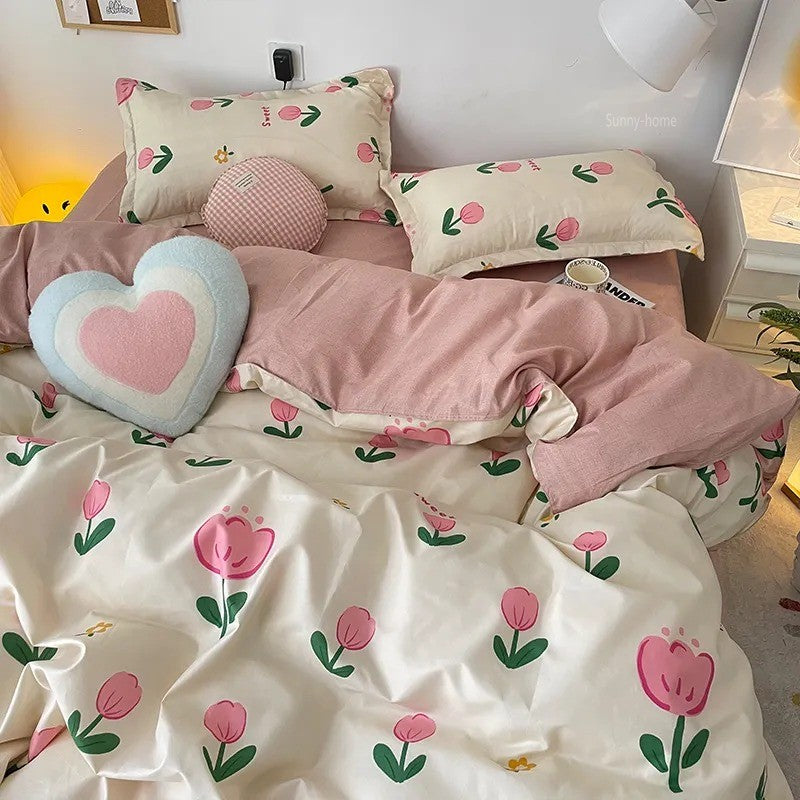 JazzHer Ins Pink Tulip Bedding Set Floral Duvet Cover Flat Sheet with Pillowcases No Filling Single Queen Size Boys Girls Bed Linen