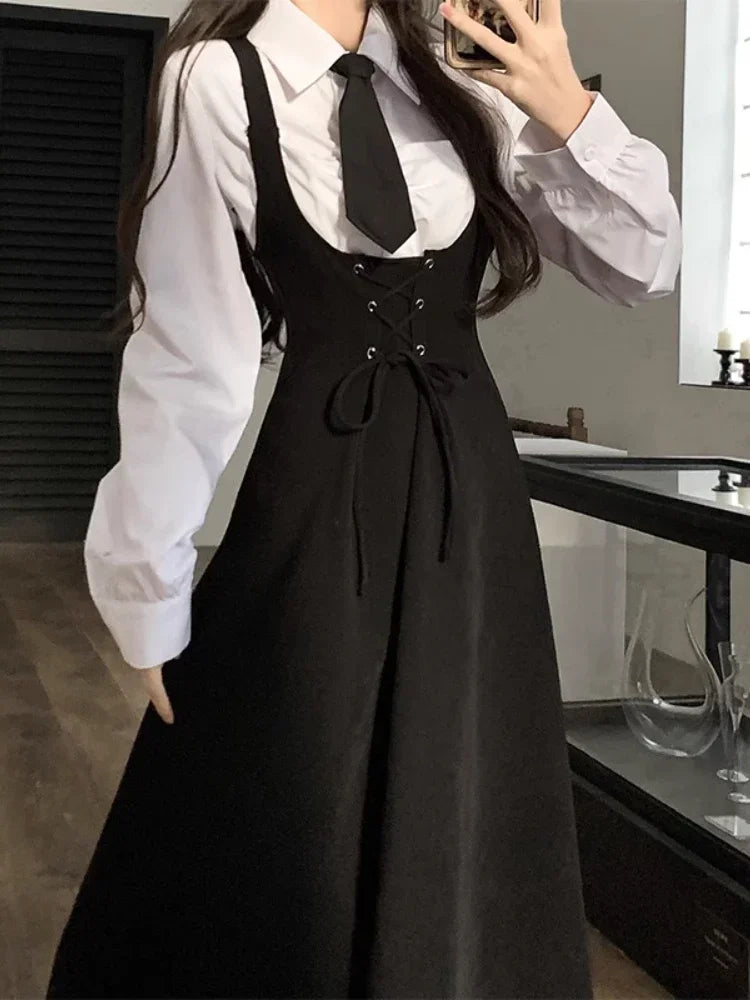 JazzHer 2025 Autumn Preppy Style 2 Piece Dress Set Women Casual Simple Shirt + Elegant Sleeveless Strap Dress Korean Fashion Dress Suit